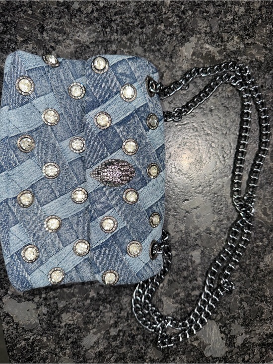 Handbags - Denim Blue Embellished Crossbody Bag with Chain Strap
